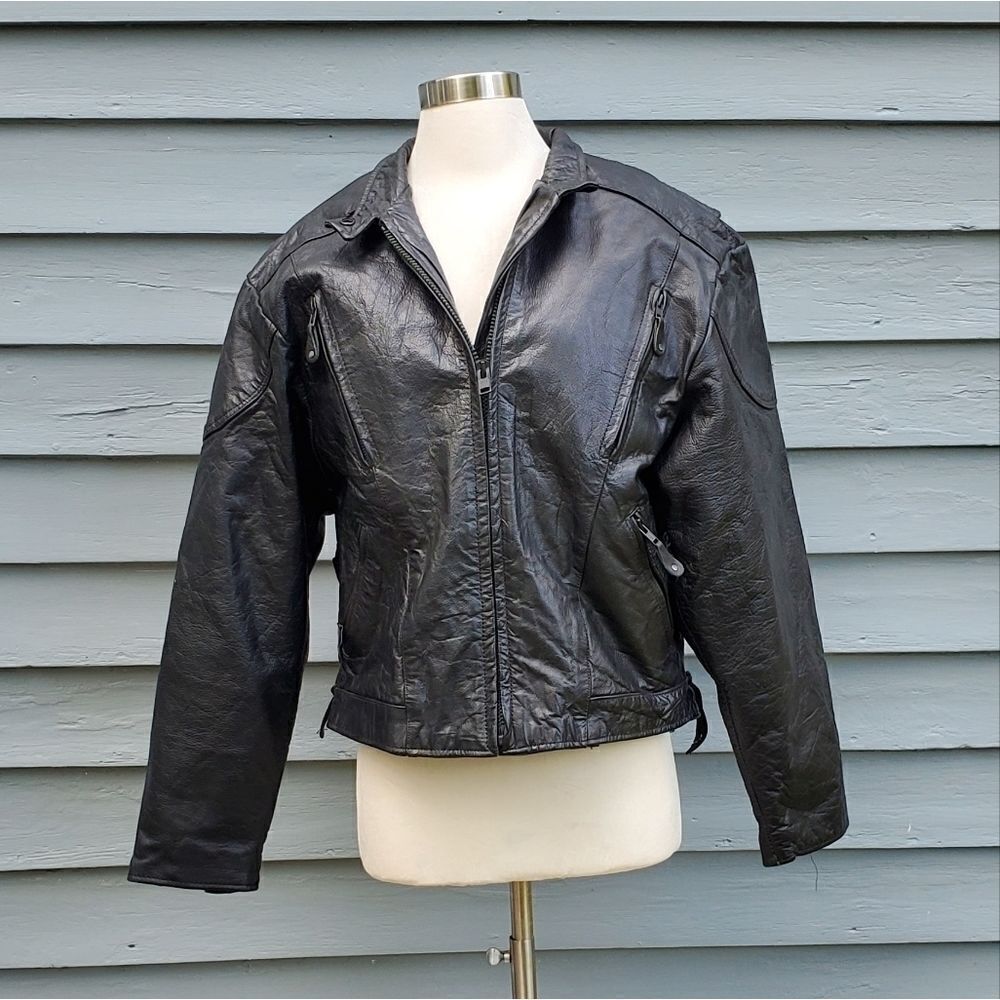 Vintage 90s‎ y2k Barney's Leather Black Armored Moto Motorcycle Racing Jacket XL